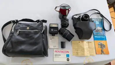 Praktica TL3 camera/case/Lenses (Auto 135mm f/2.8 telephoto & Pentacon Auto 2.8/29 mm MC M42), Kodak...