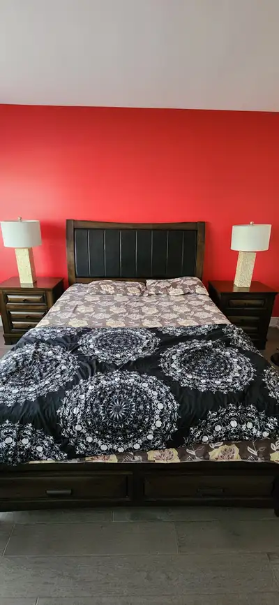 Dark Wood Bedroom Set - Bed Frame + 2 Nightstands, View more