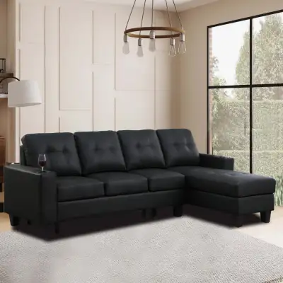 New Reversible Sectional Sofa in Faux Leather - Black Clearance, View more