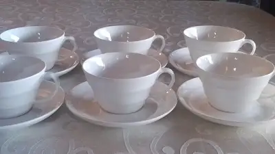 FINE BONE CHINA WHITE CUPS AND SAUCERS - SET OF 6 - STOKES - NEW, View more