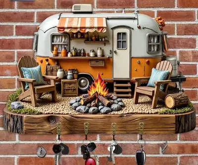*NEW* 2-D FLAT WOODEN PANEL CAMPING SCENE KEYCHAI, View more