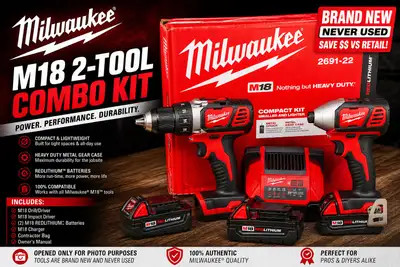 NEW Milwaukee M18 Drill + Impact Driver Kit – Never Used, View more