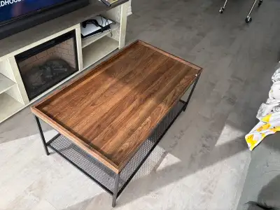 Wood and metal coffee table with bottom shelf, View more