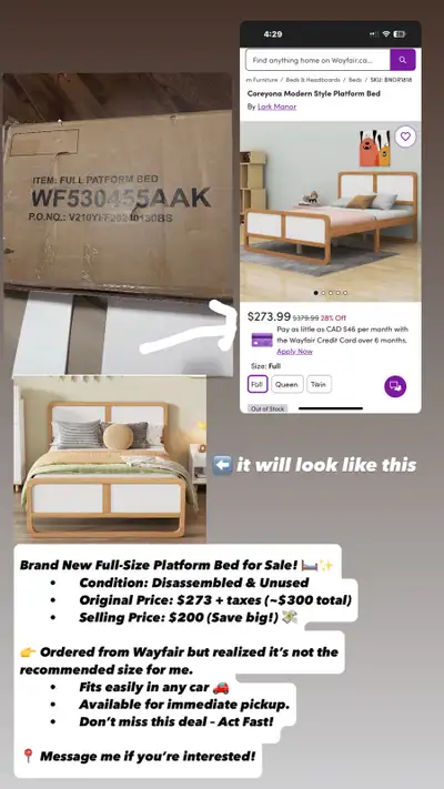 Brand New Full-Size Platform Bed for Sale! ️✨ • Condition: Disassembled & Unused • Original Price: $...