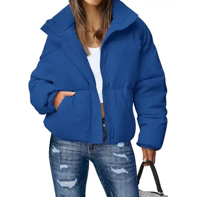 Sz S MEROKEETY Women's Winter Long Sleeve Zip Puffer Jacket Pockets Baggy Short Down Coats navy Blue