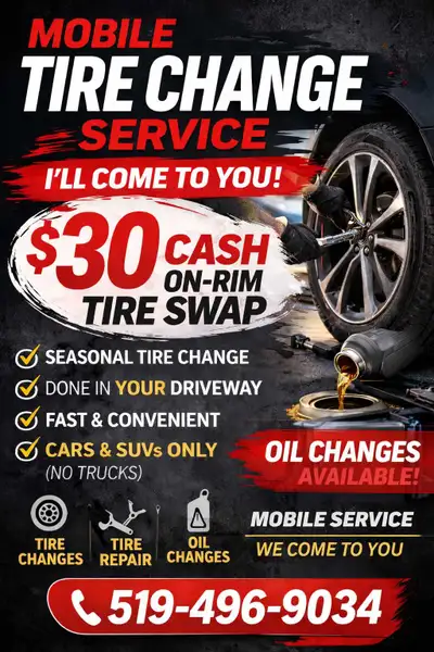 Looking to get your seasonal tires swapped without the hassle of going to a shop? I offer mobile tir...