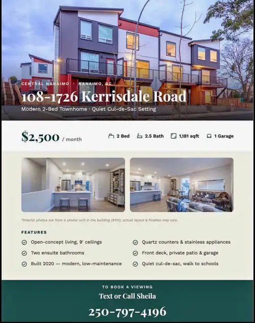 Bright & Modern Two Bedroom, 2.5 Bathroom Townhouse – Central Nanaimo | Available Oct 1 $2,500/month...