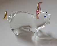 Vintage Hand Blown Clear Glass Mini Pig w/ Pink Ears Figurine