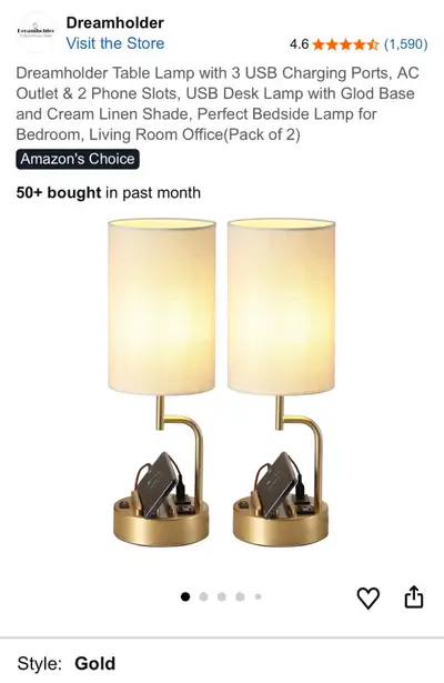 Dreamholder Table Lamp with 3 USB Charging Ports, AC Outlet , View more