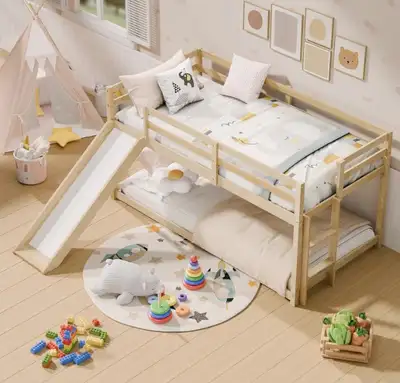 New in box Twin Over Twin, Low Bunk Bed with Slide, View more