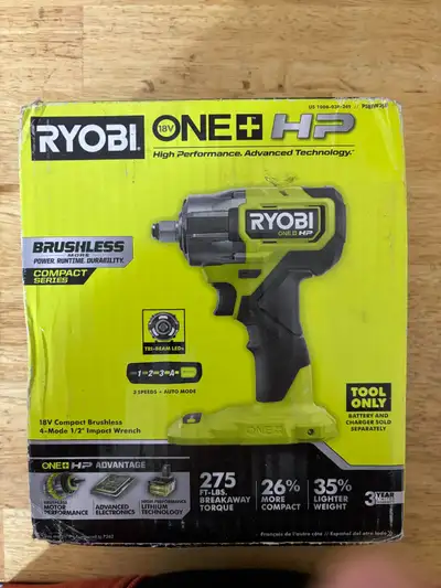 RYOBI&nbsp;18V HP Brushless Cordless Compact 1/2 in 4 Mode Impac, View more