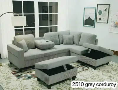 This stylish grey corduroy sectional sofa features a comfortable design and includes convenient stor...