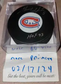 Guy Lapointe signed pucks COA HOF Canadiens / Rondelles signées