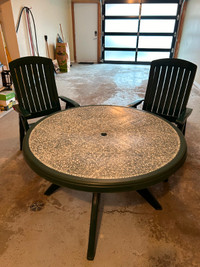 Solid Hunter Green Resin Patio Table and 2 High back Chairs