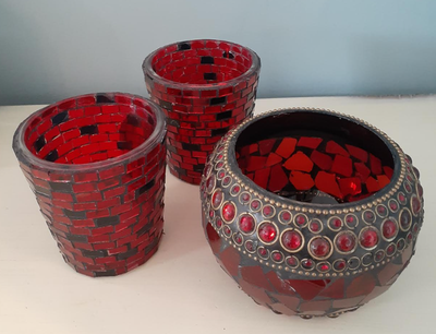 Trio of red glass mosaic votive candle holders, View more