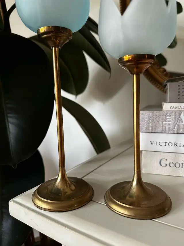 Vintage Brass & Frosted Glass Tulip Stemmed Candle Holders in Home Décor & Accents in Calgary - Image 3