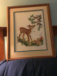 Hand made crewel embroidered deer picture