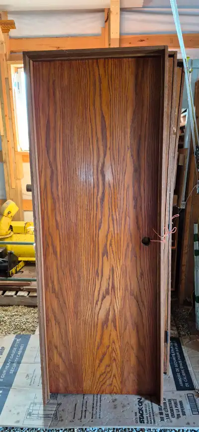 9 oak doors with full oak jambs for 2x4 walls ( 6 @ 32" x 80", 2 @ 28" x 80" and 1 @ 18" x 80"), Sta...
