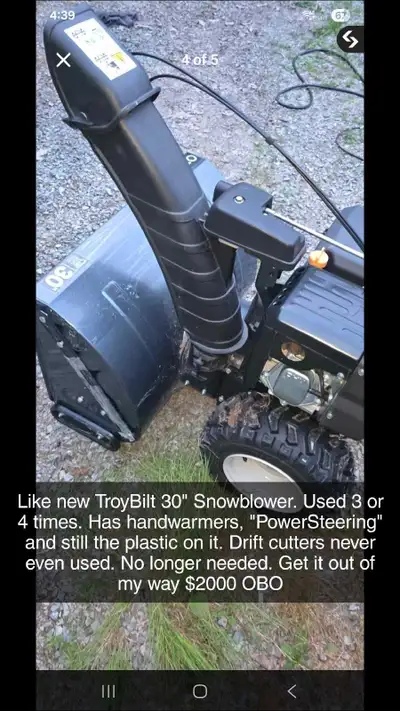 Used 3 times. Not even one tank of fuel through it. Bought 2 winters ago. Drift cutters still on the...