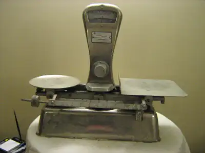 VINTAGE EXACT WEIGHT SCALE circa 1940's in working condition 22 wide X 19 high price $125 It shows u...