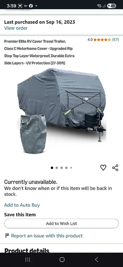 Premium RV cover good for class C motorhome or bumper pull trailer. Size is 27-30 foot long unit. Us...
