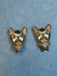 JACKIE COLLINS Vintage Gold Tone Panther Earrings Green Rhinesto