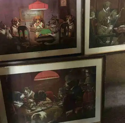 (3) Classic poker playing dogs coloured prints under glass and 17” wide by 14” high including wooden...