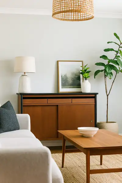 Condo size!  Small Vintage MCM walnut sideboard, View more
