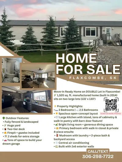 NEW PRIVATE SALE! $195,000 OBO Move-In Ready Home on DOUBLE Lot in Flaxcombe! 1,520 sq. ft. manufact...