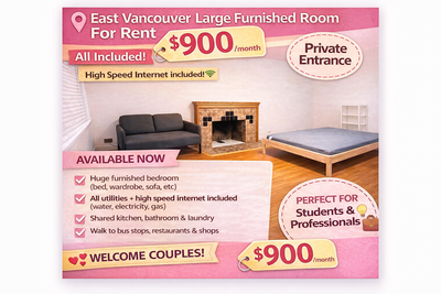 Large Furnished Room in House – $900/month (All Included) Private entrance Private large bedroom in...