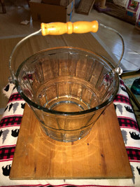 Anchor Hocking glass ice bucket / bushel basket with Wood Handle