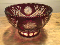 Ruby Red Bohemian Cut to Clear Glass Bowl