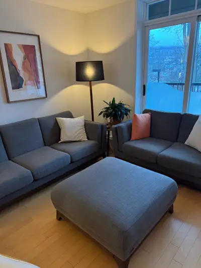 Good condition, lightly used. No pets. Back of Loveseat is faded from sun, from sitting in the windo...