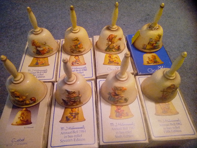 Goebel Hummel annual bells, 1st - 8th Ed, with boxes, autograph. in Arts & Collectibles in St. Albert