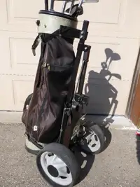 Well used men's golf pull cart, bag  and half set of clubs