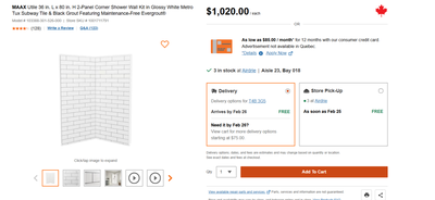 NEW in Box --Airdrie --- 2-Panel Corner Shower Wall Kit ****ONLY *** noGlass panels MAAX Utile 36 in...