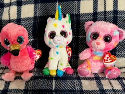 All 3 Ty Beanie Boos plushies in excellent condition with original tags attached Pink Flamingo (Gild...