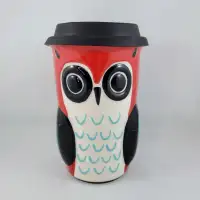 Travel Mug Red Owl Cup With Raised 3D Design Indigo Silicone Lid