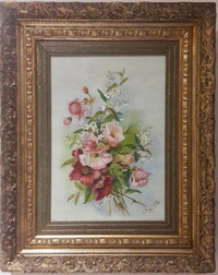 Tableau Huile Sur Toile Signé Art Nouveau Bouquet Fleurs