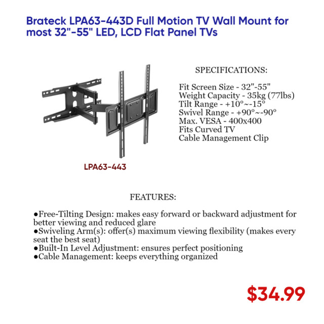 TV WALL BRACKETS, NON TILTING, TILTING, CEILING, FULLMOTION in General Electronics in Mississauga / Peel Region