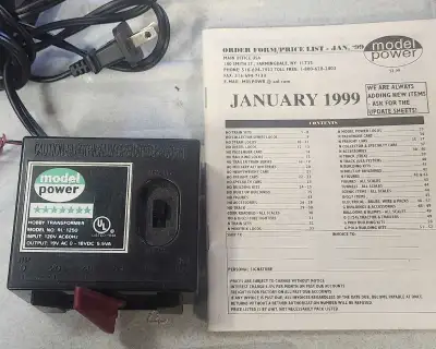 Selling a used Model Power Hobby Transformer, model RL-1250, which outputs 19V AC and 0-18V DC at 5....