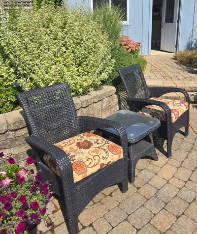 Faux wicker outdoor chairs and table set with cusions, View more