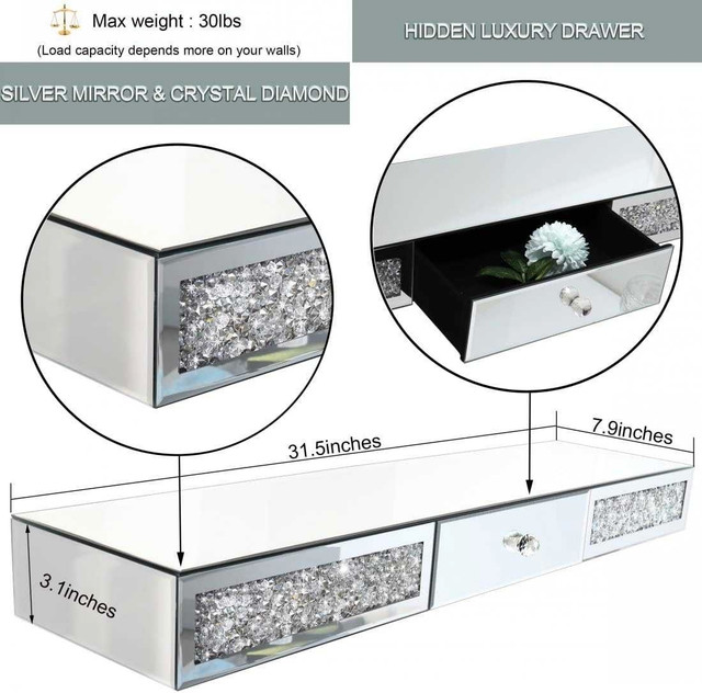 New Mirrored Wall Shelf Drawer Crystal Diamond Floating Showcase in Home Décor & Accents in City of Toronto - Image 3