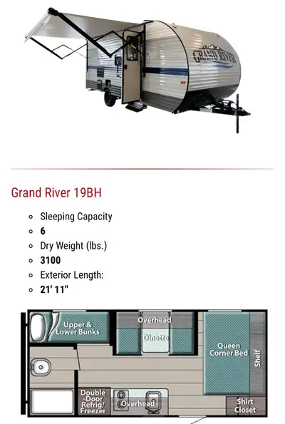 2020 Grand River Bunkhouse 19BH in excellent condition! Everything works. No leaks! Queen bed with r...
