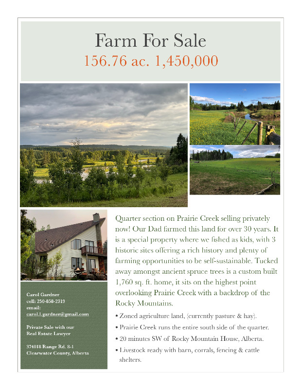 Farm Quarter on Prairie Creek! Land for Sale Red Deer Kijiji