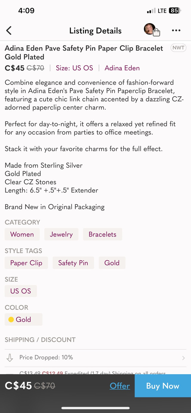 Adina Eden Pave Safety pin Paperclip gold bracelet Brand New  in Jewellery & Watches in City of Toronto - Image 4