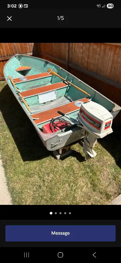 LUND 14 FOOT DEEP & WIDE ALUMINUM FISHING BOAT WITH 20HP JOHNSON, TANK & HOSE INCLUDED. EXCELLENT FI...