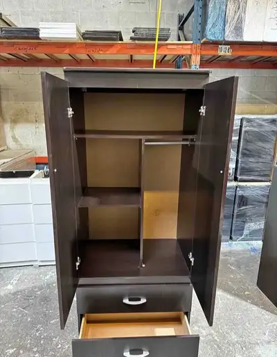 Modern Dark Brown Wooden Wardrobe with Drawer & Hanging Space, View more