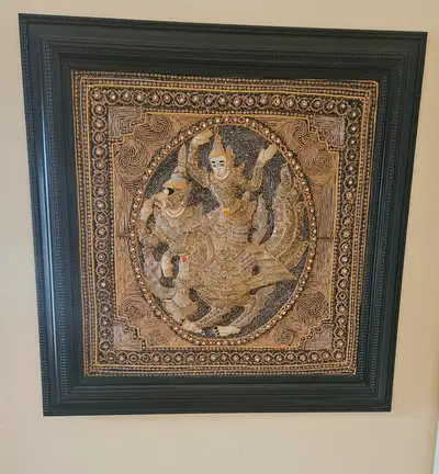 LARGE ANTIQUE BURMESE ' KALAGA ' EMBROIDERED FRAMED TAPESTRY, View more
