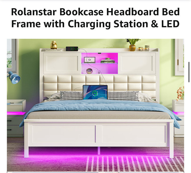 Rolanstar Bed Frame Queen Size with Charging Station, Bookcase in Beds & Mattresses in Brantford - Image 2